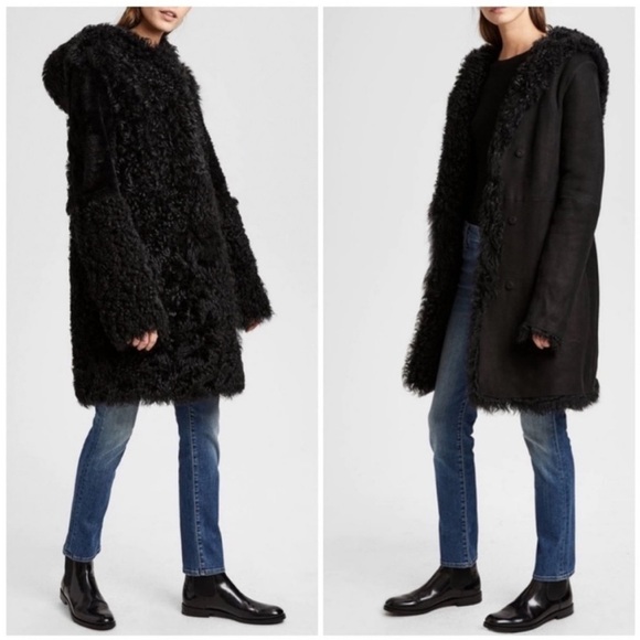 Theory Reversible Shearling Coat Suede Curly Toscana Black - Picture 1 of 13
